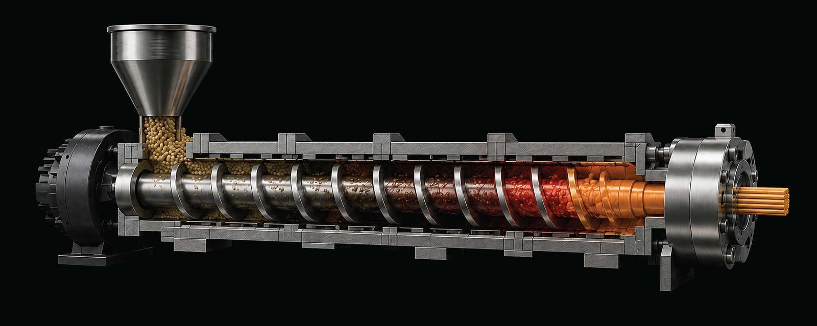 Extruder cutaway showing feeding, compression and metering zones