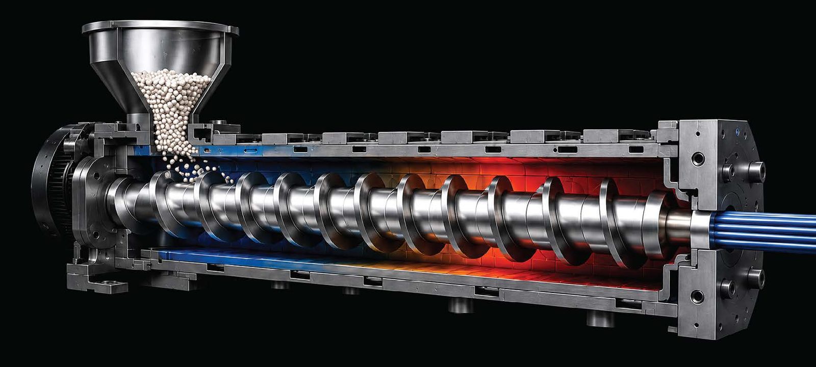Single screw extruder cutaway