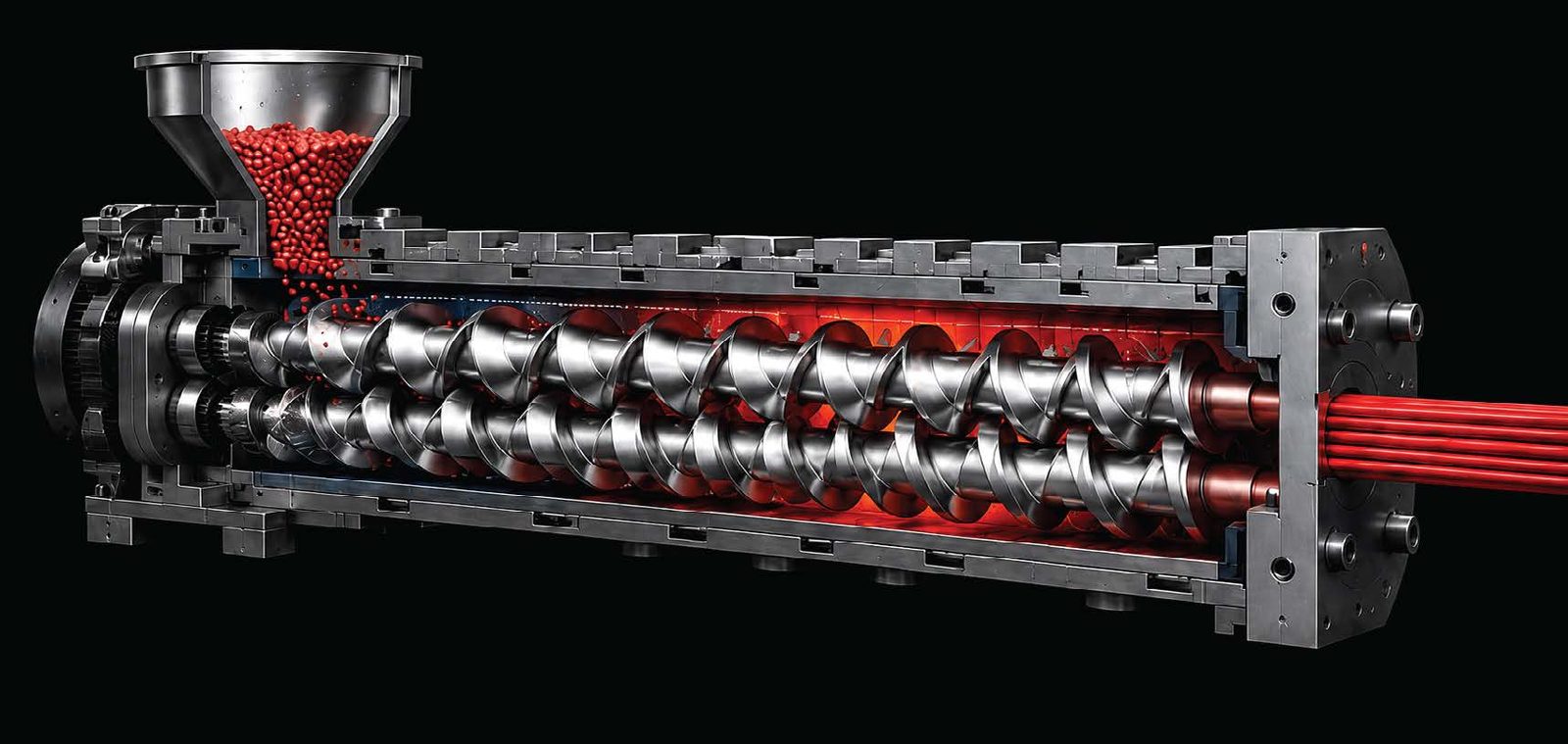 Twin screw extruder cutaway